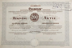 Chinoin Gygyszer s Vegyszeti Termkek Gyra Rszvnytrsasg rszvny 200 korona 1917