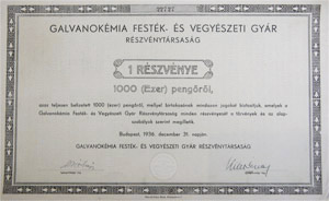 Galvanokmia Festk- s Vegyszeti Gyr Rszvnytrsasg rszvny1000 peng 1936