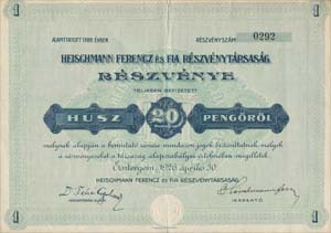 Heischmann Ferenc s Fia Rszvnytrsasg rszvny 20 peng 1926 Esztergom