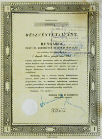 Hungria Vegyi- s Kohmvek Rszvnytrsasg rszvnyutalvny 20 peng 1946