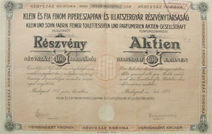 Klein s Fia Finom Pipereszappan- s Illatszergyr Rszvnytrsasg rszvny 25x400 korona 1923