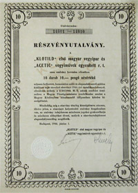 Klotild Els Magyar Vegyipar s Acetic Vegyimvel Egyestett Rszvnytrsasg rszvnyutalvny 10x10 100 peng 1946