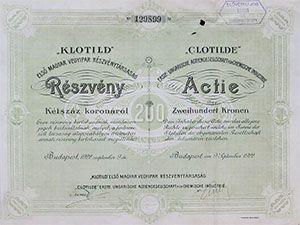 Klotild Els Magyar Vegyipar Rszvnytrsasg rszvny 200 korona 1922