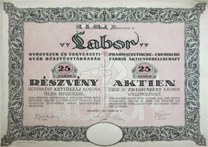 Labor Gygyszer s Vegyszeti Gyr Rszvnytrsasg rszvny 25x200 5000 korona 1923