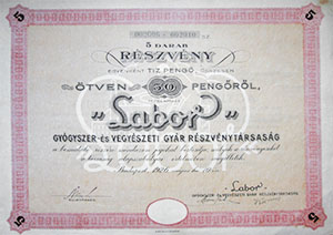 Labor Gygyszer s Vegyszeti Gyr Rszvnytrsasg rszvny 5x10 50 peng 1926