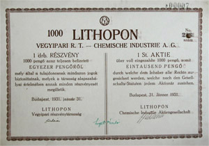 Lithopon Vegyipari Rszvnytrsasg rszvny 1000 peng 1931