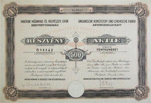 Magyar Manyag s Vegyszeti Gyr Rszvnytrsasg rszvny 500 aranypeng 1941