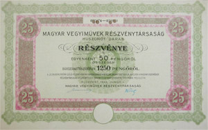 Magyar Vegyimvek Rszvnytrsasg rszvny 25x50 1250 peng 1943