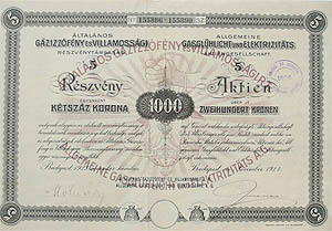 ltalnos Gzizzfny s Villamossgi Rszvnytrsasg rszvny 5x200 korona 1923