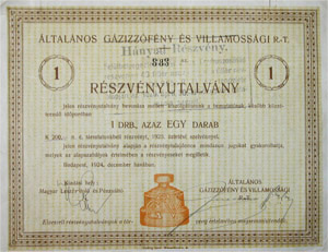 ltalnos Gzizzfny s Villamossgi Rszvnytrsasg rszvnyutalvny 200 korona 1924