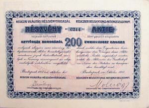 Resiczai Vilgtsi Rszvnytrsasg rszvny 200 korona 1911