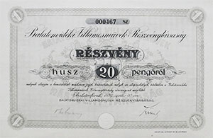 Balatonvidéki Villamosművek Részvénytársaság 20 pengő 1926 Balaton füred