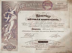 Budapesti ltalnos Villamossgi Rszvnytrsasg rszvny 200 korona 1894