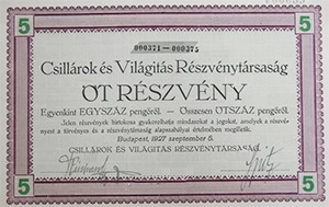 Csillrok s Vilgtsi Rszvnytrsasg rszvny 5x100 500 peng 1927