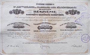 Dr. Just-féle Izzólámpa és Villamossági Gyár Részvénytársaság 25x200 korona 1921