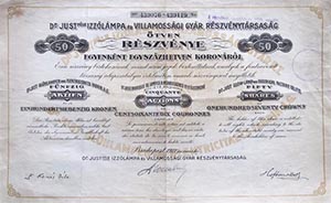 Dr. Just-fle Izzlmpa s Villamossgi Gyr Rszvnytrsasg 50x170 korona 1922