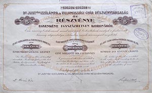 Dr. Just-fle Izzlmpa s Villamossgi Gyr Rszvnytrsasg 5x170 korona 1921