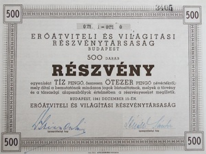 Ertviteli s Vilgtsi Rszvnytrsasg rszvny 500x10 5000 peng 1941