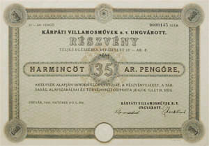Kárpáti Villamos Művek Részvénytársaság Ungvárott részvény 35 arany pengő 1940