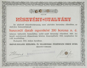 Magyar-Holland Izzlmpa s Villamossgi Felszerelsi Cikkek Gyra Rszvnytrsasg rszvnyutalvny 25x200 5000 korona 1923