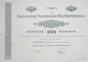 Nagykikindai Villamossági Részvénytársaság 200 korona 1911