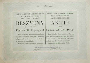 "NIFE" Akkumulátorgyár és Villamossági Részvénytársaság részvény 1000 pengő 1938