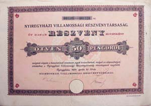 Nyregyhzi Villamossgi Rszvnytrsasg rszvny 5x50 peng 1926