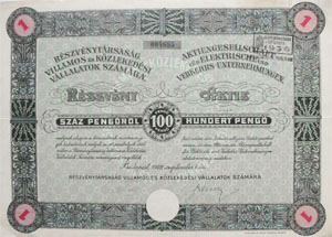 Rszvnytrsasg Villamos- s Kzlekedsi Vllalatok rszvny 100 peng 1929