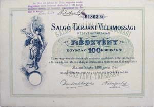 Salgtarjni Villamossgi Rszvnytrsasg rszvny 100 korona 1896