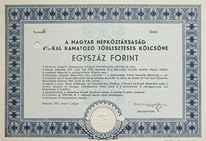 Magyar Népköztársaság 4%-kal kamatozó Törlesztéses Kölcsöne 100 forint 1957