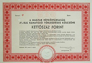 Magyar Npkztrsasg 4%-kal kamatoz Trlesztses  Klcsne 100 forint 1957