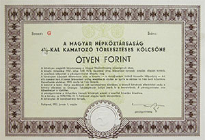 Magyar Npkztrsasg 4%-kal kamatoz Trlesztses  Klcsne 50 forint 1957