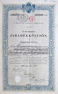 Államadóssági Kötvény- Járadékkölcsön 10000 korona 1893