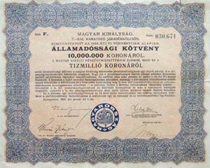 Államadóssági Kötvény- Járadékkölcsön 10000000 korona 1925