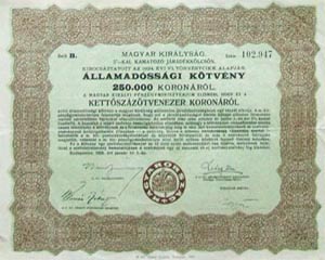 Államadóssági Kötvény- Járadékkölcsön 250000 korona 1925
