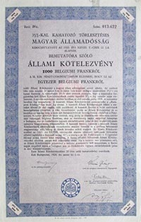 Államadóssági Kötvény Állami Kötelezvény 1000 belgiumi frank 1926
