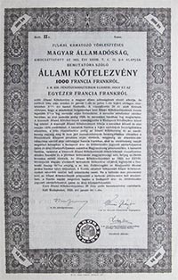 Államadóssági Kötvény Állami Kötelezvény 1000 francia frank 1926