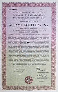 Államadóssági Kötvény Állami Kötelezvény 1000 olasz líra 1928