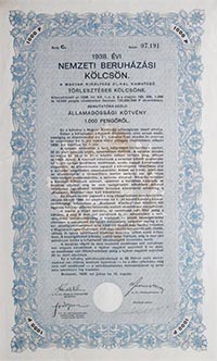 Nemzeti Beruházási Kölcsön 1000 pengő 1938