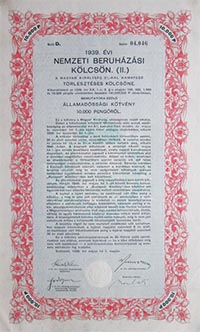 Nemzeti Beruházási Kölcsön 10000 pengő 1939