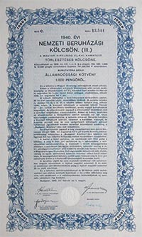Nemzeti Beruházási Kölcsön 1000 pengő 1940