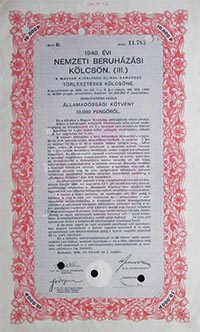Nemzeti Beruházási Kölcsön III 10000 pengő 1940