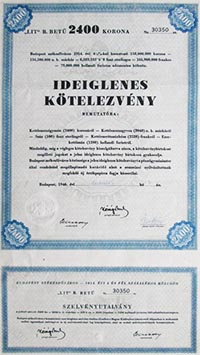 Budapest Székesfőváros Kötvény Ideiglenes Kötelezvény 2400 korona 1946