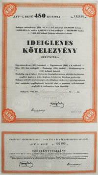 Budapest Szkesfvros Ktvny Ideiglenes Ktelezvny 480 korona 1946