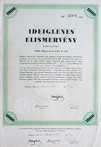 Budapest Szkesfvros Ktvny Ideiglenes elismervny 1000 USA dollr 1946
