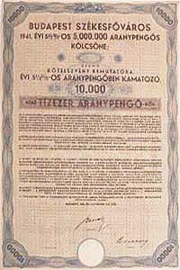 Budapest Szkesfvros Klcsn Ktelezvny 10000 aranypeng 1941