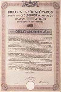 Budapest Szkesfvros Klcsn Ktelezvny 500 aranypeng 1943