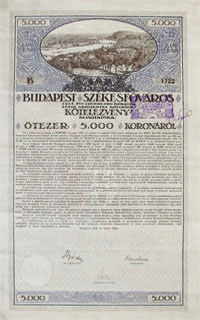 Budapest Székesfőváros Kötelezvény 5000 korona 1918