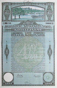 Budapest Székesfőváros Kötelezvény 5000 korona 1920