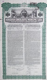 Magyar Egyestett Vrosi Klcsn ktvny 1000 usa dollr 1925